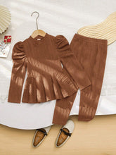 2pcs Young Girl Solid Knitted Raglan Sleeve Top And Fitted Casual Pants Set
